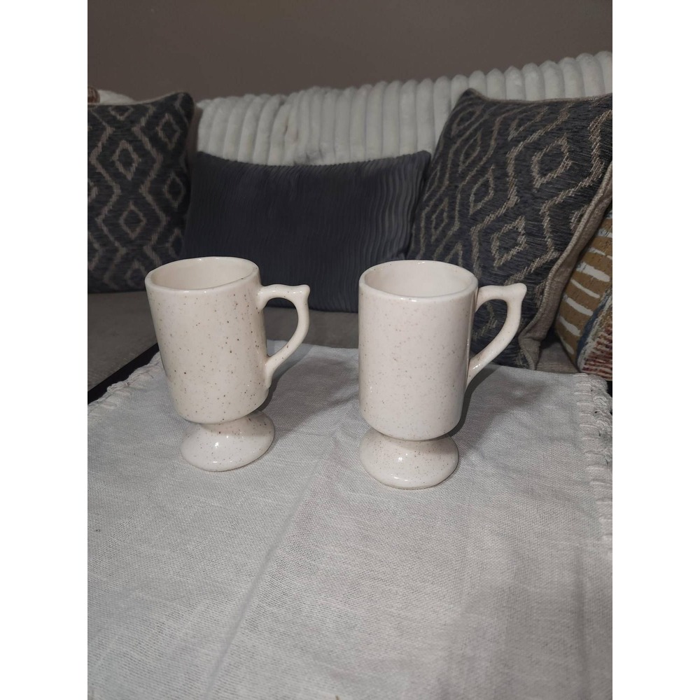 Vintage Speckled Ceramic Irish Coffee Mugs Pedestal Base Set of 2 Cream Brown